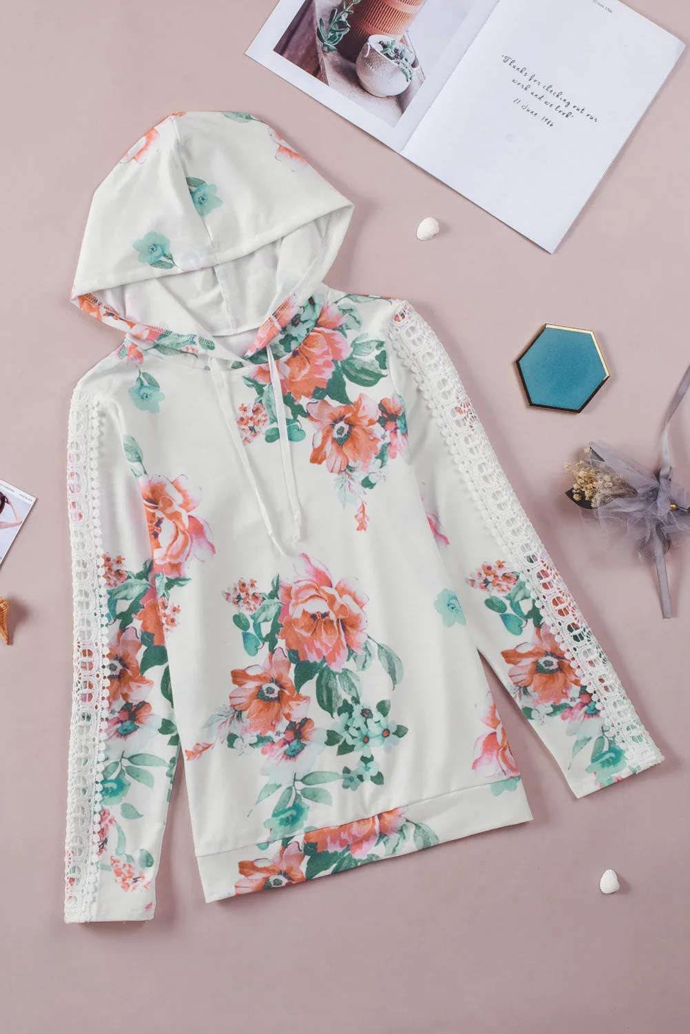 Apricot Floral Print Lace Contrast Long Sleeve Hoodie