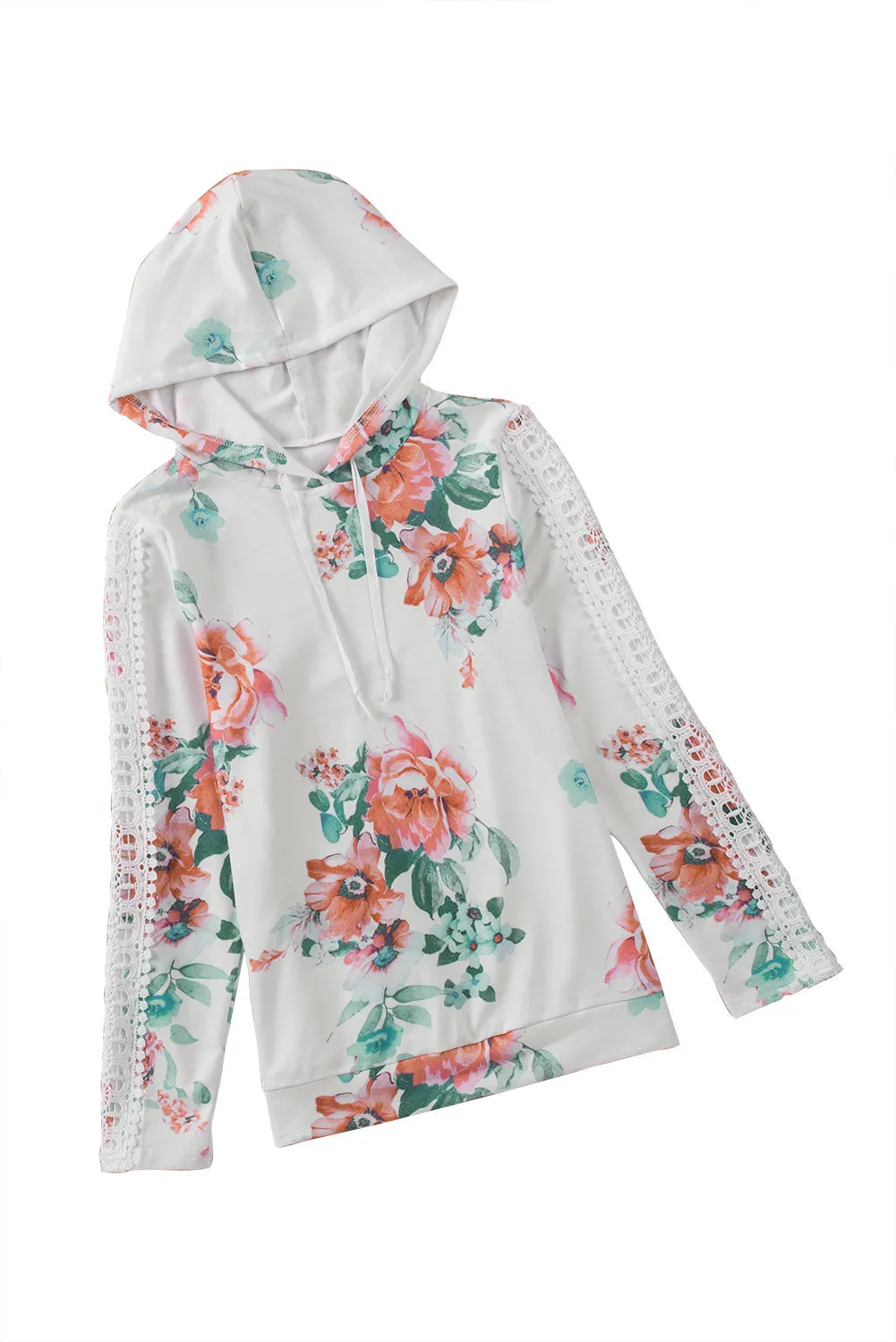 Apricot Floral Print Lace Contrast Long Sleeve Hoodie