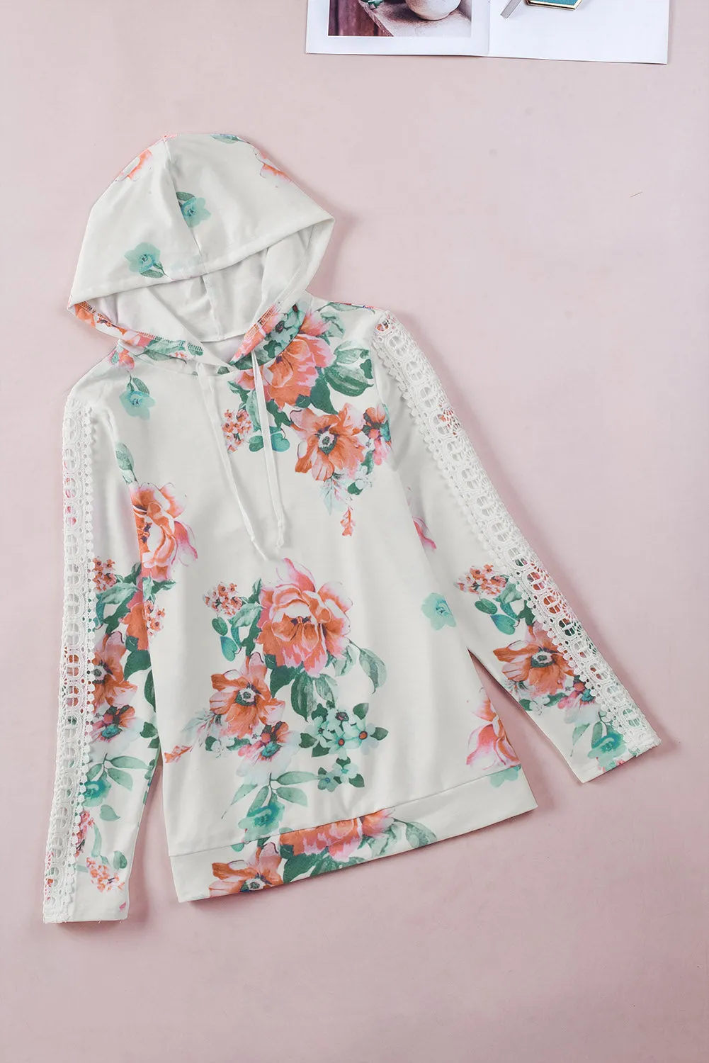 Apricot Floral Print Lace Contrast Long Sleeve Hoodie