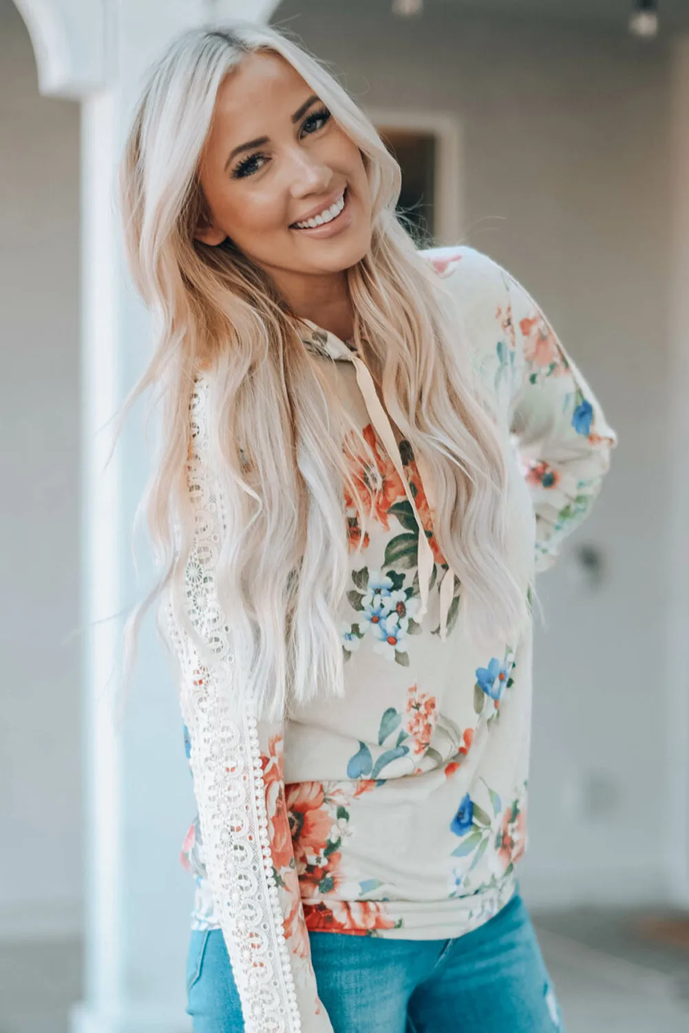 Apricot Floral Print Lace Contrast Long Sleeve Hoodie