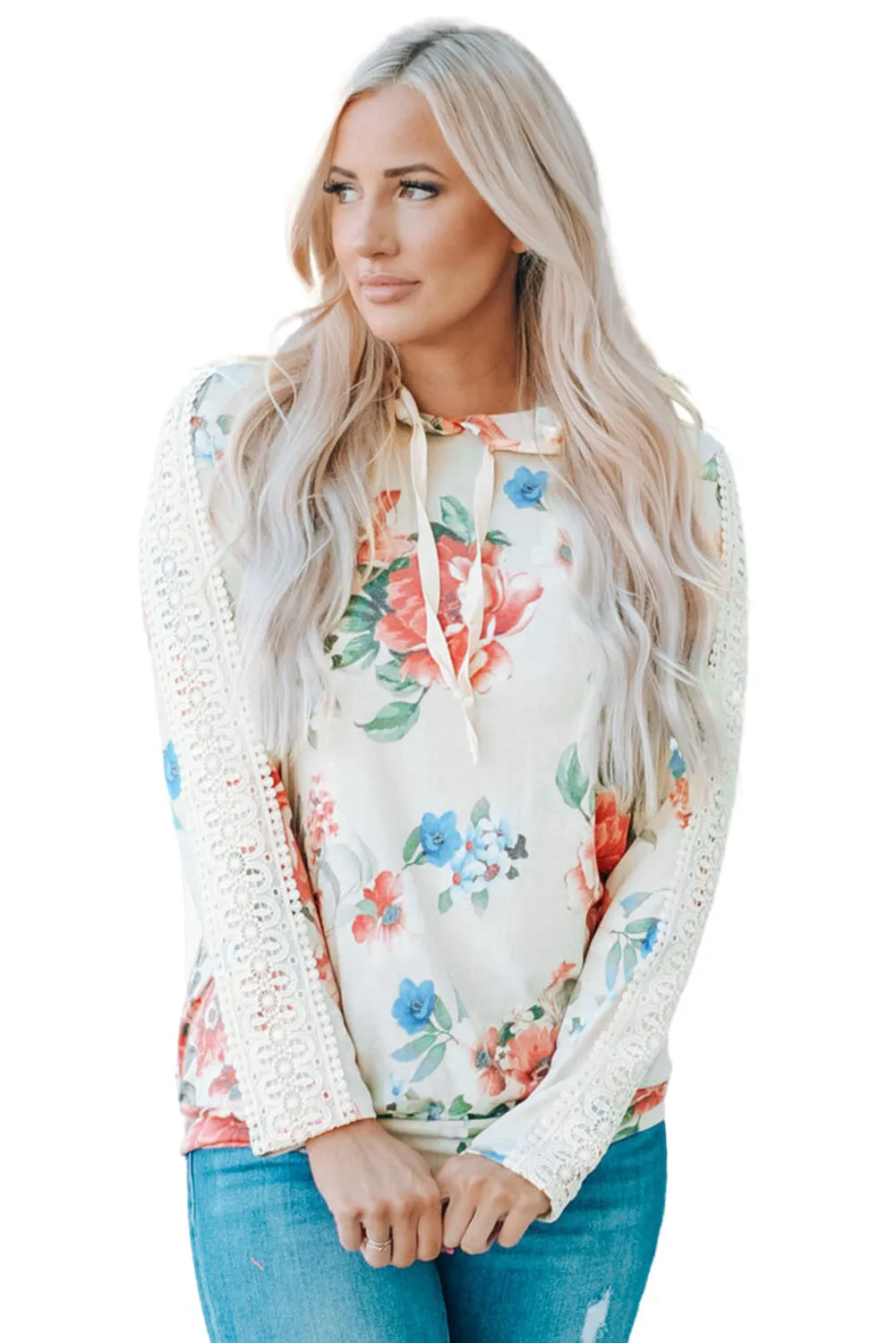 Apricot Floral Print Lace Contrast Long Sleeve Hoodie