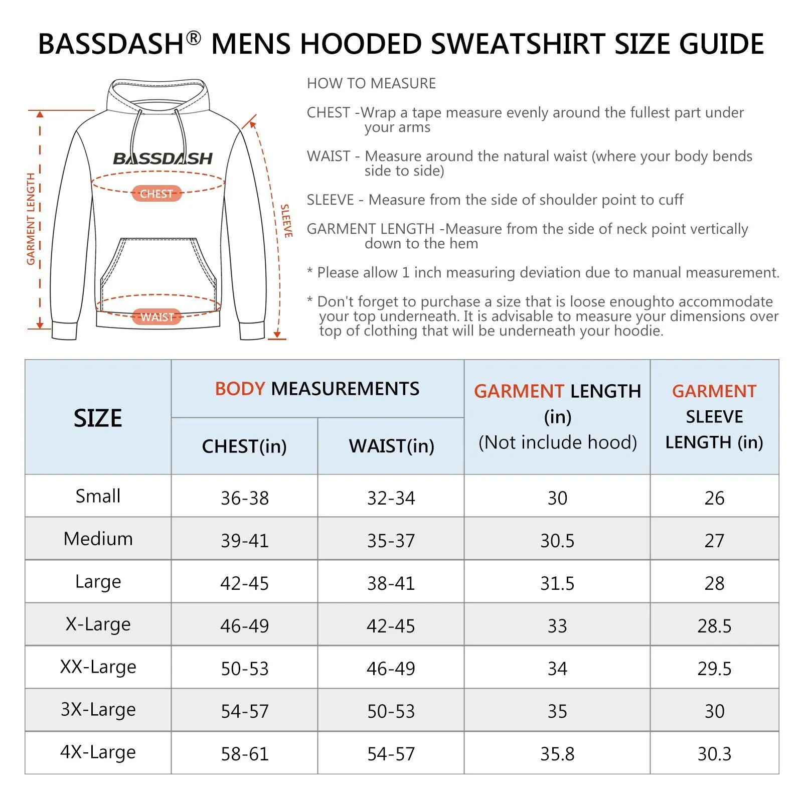 BASSDASH Men’s Cotton LS Hoodie