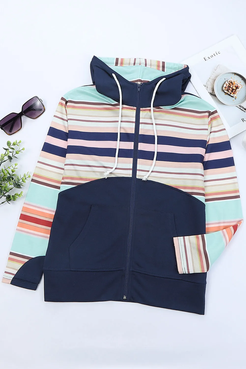 Blue Striped Color Block Thumbhole Sleeve Full Zip Hoodie