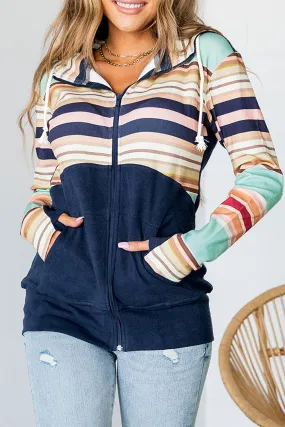 Blue Striped Color Block Thumbhole Sleeve Full Zip Hoodie