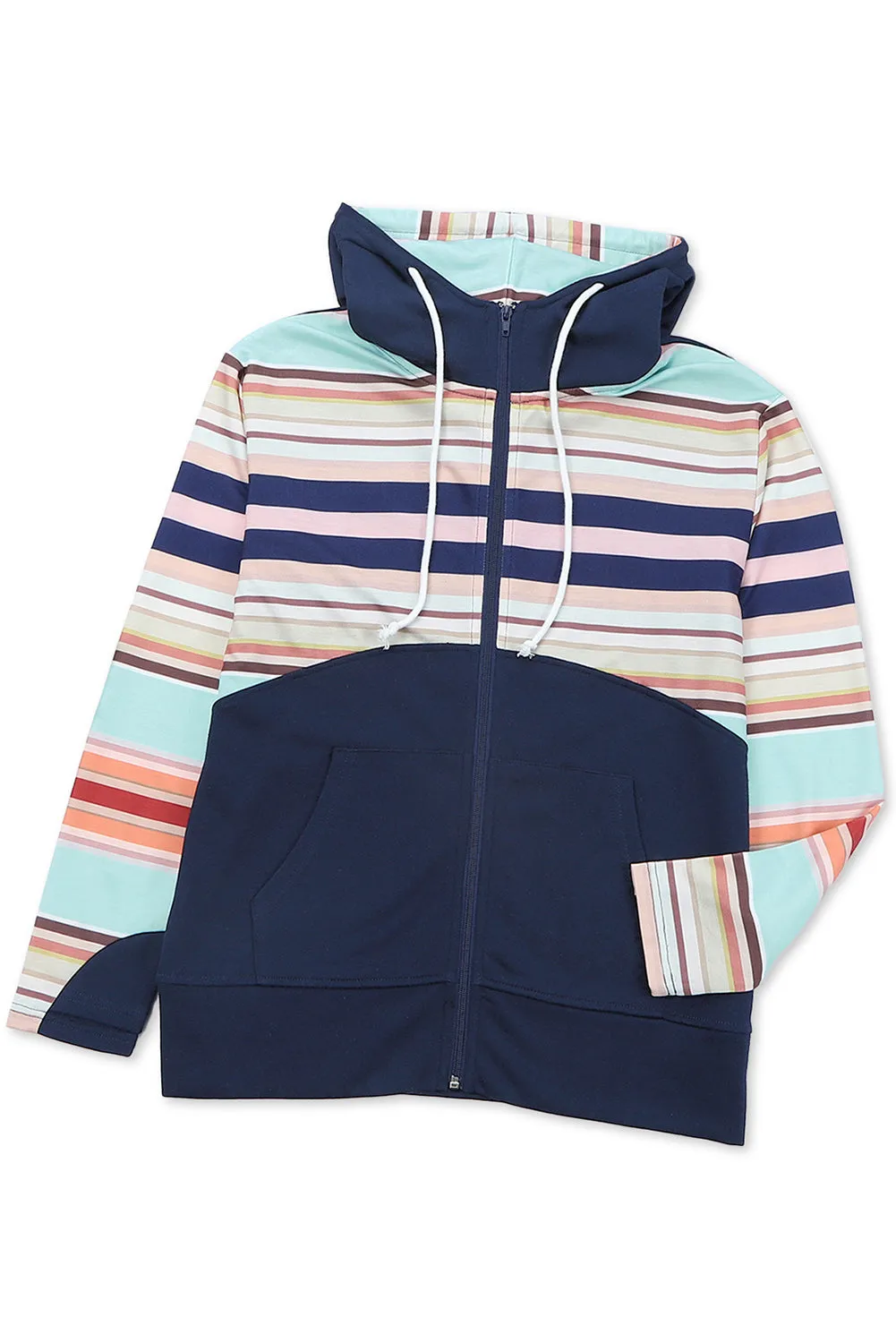 Blue Striped Color Block Thumbhole Sleeve Full Zip Hoodie