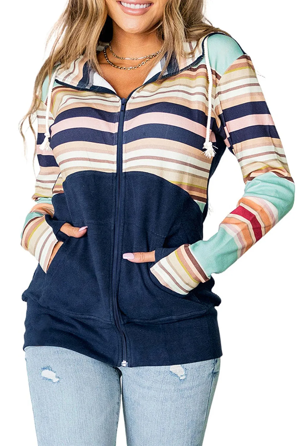 Blue Striped Color Block Thumbhole Sleeve Full Zip Hoodie