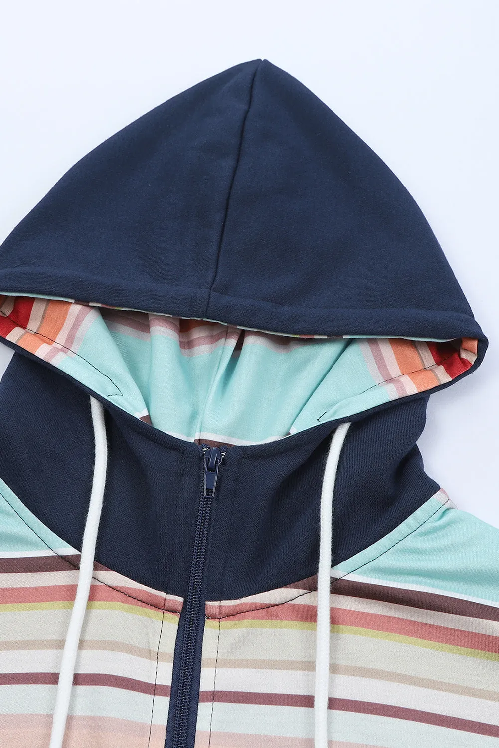 Blue Striped Color Block Thumbhole Sleeve Full Zip Hoodie