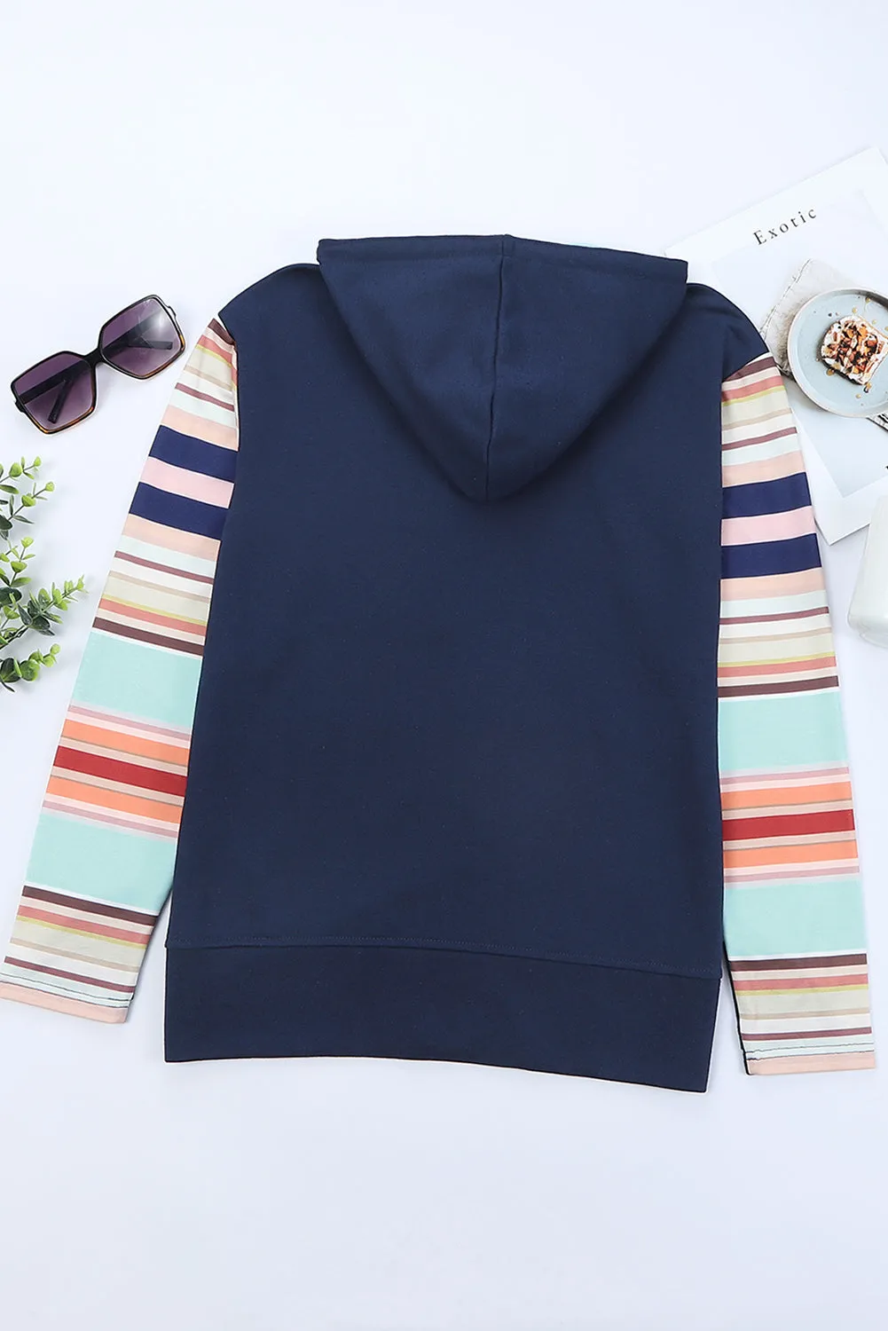 Blue Striped Color Block Thumbhole Sleeve Full Zip Hoodie