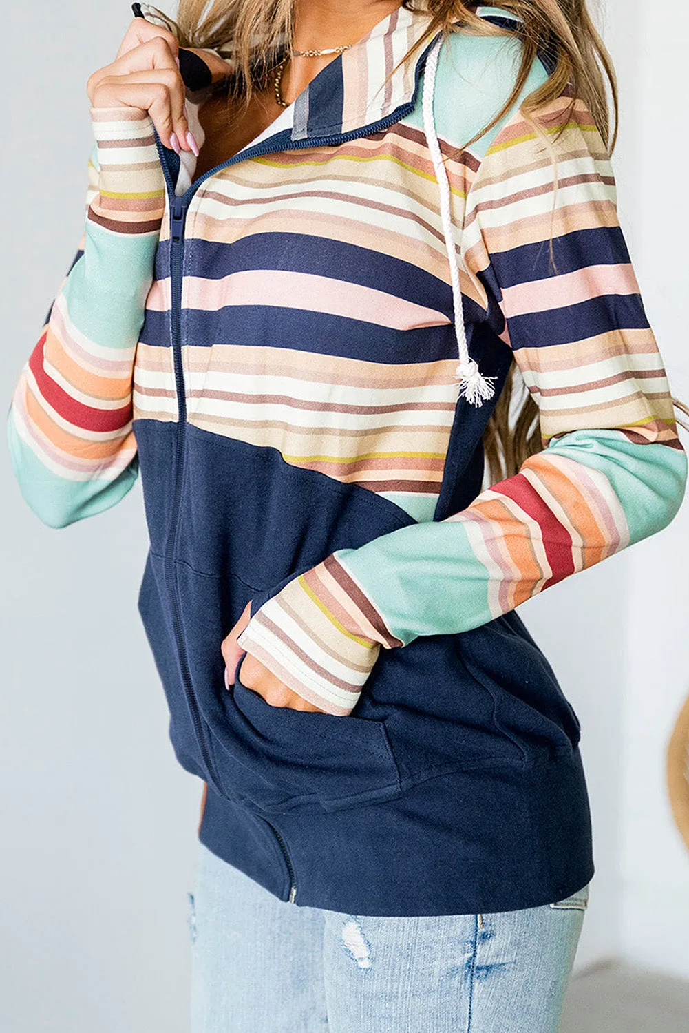 Blue Striped Color Block Thumbhole Sleeve Full Zip Hoodie