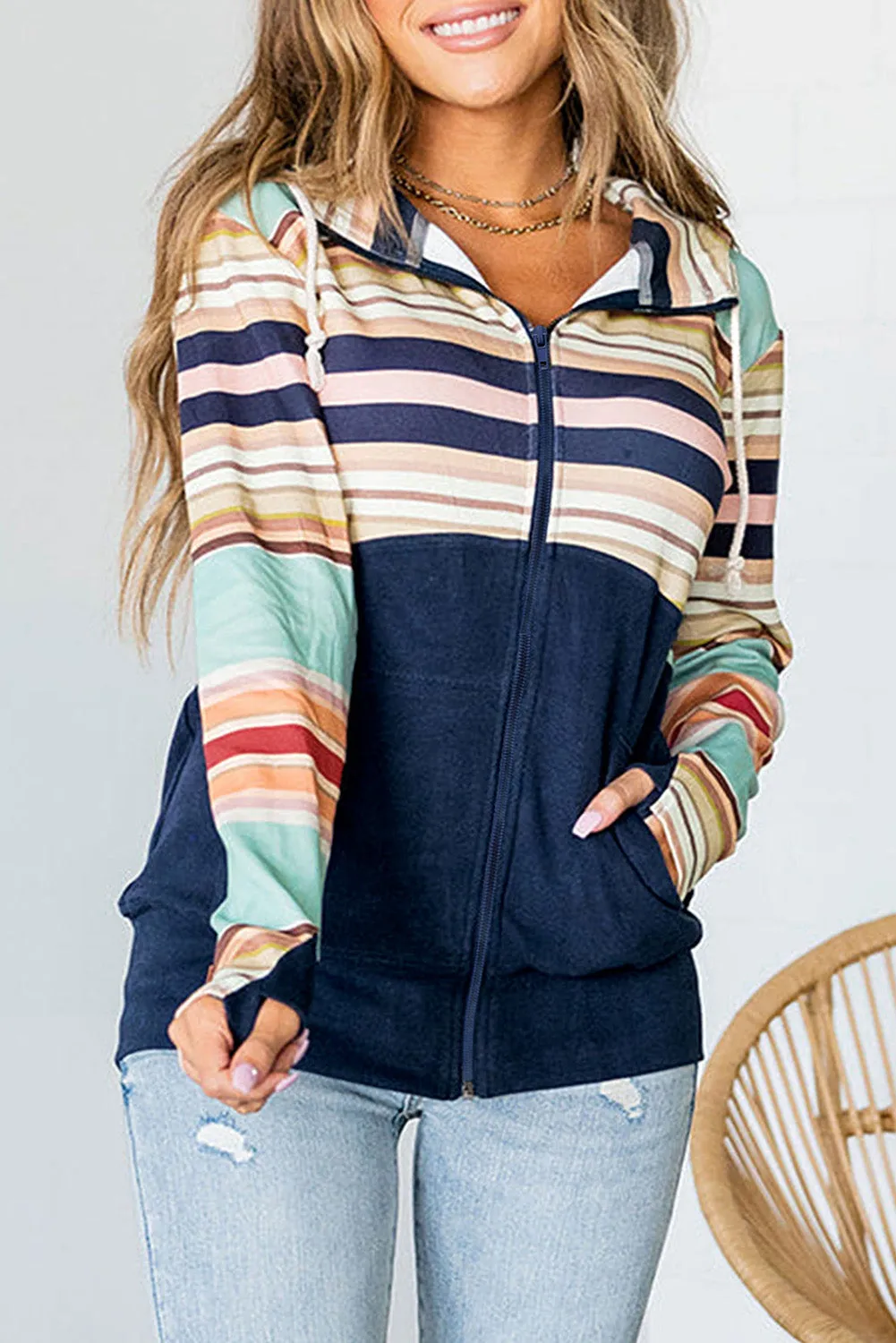 Blue Striped Color Block Thumbhole Sleeve Full Zip Hoodie