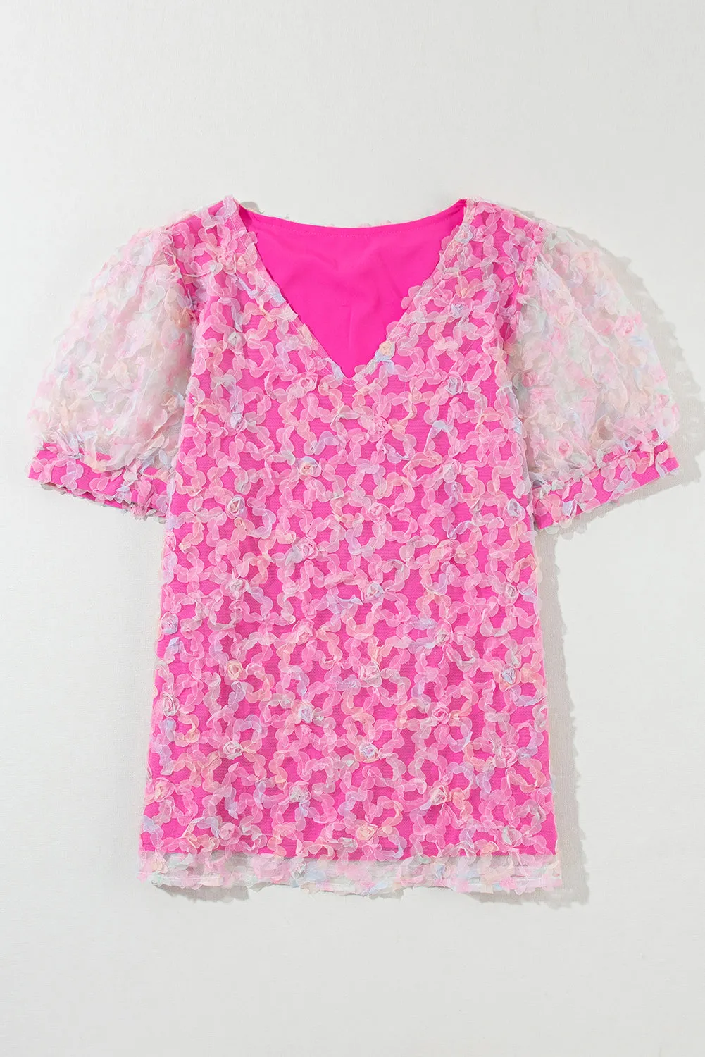 Bonbon Flowery Mesh Short Puff Sleeve Blouse