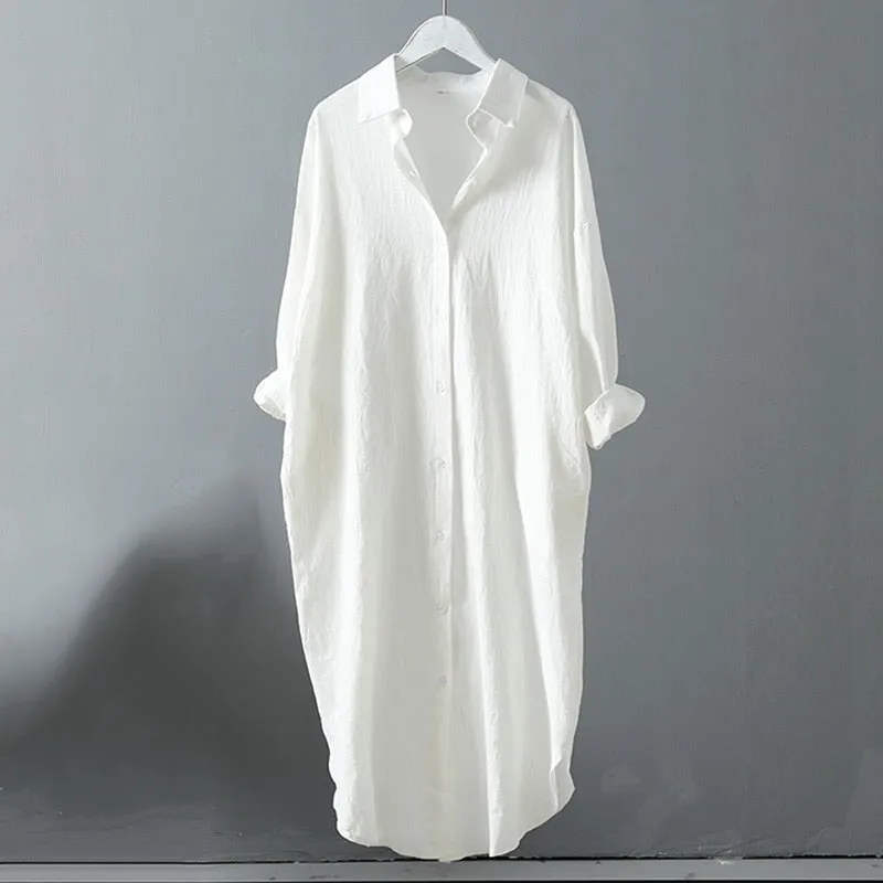 Casual V-Neck Cotton Linen Dress with Pockets