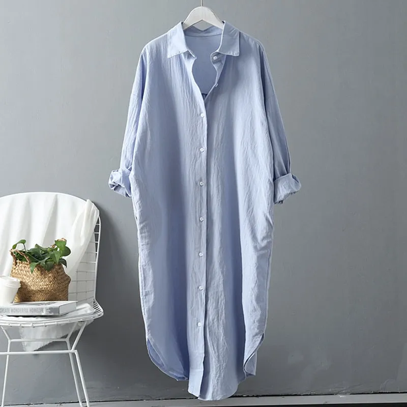 Casual V-Neck Cotton Linen Dress with Pockets