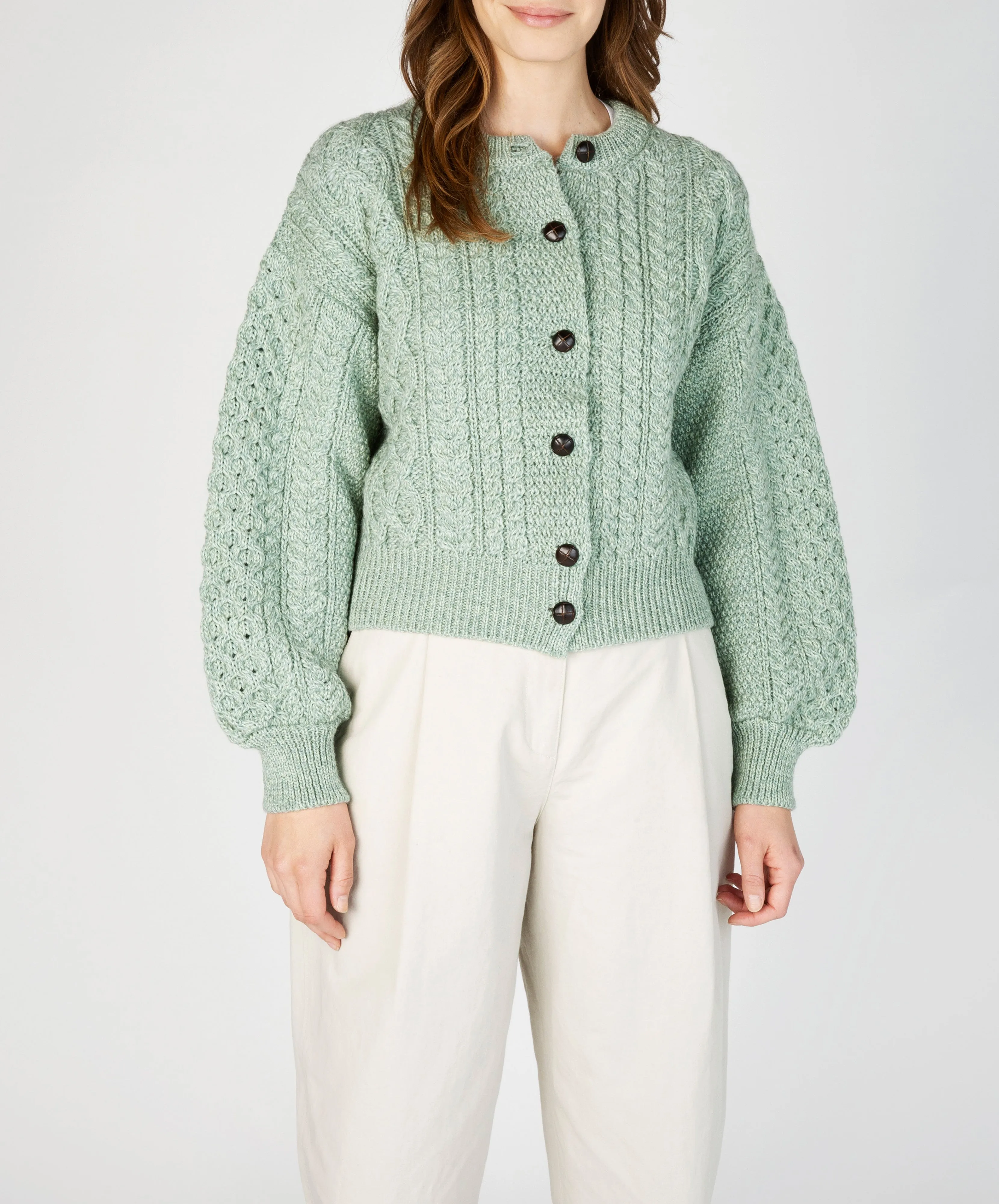 Clover Cropped Aran Cardigan Sage Marl