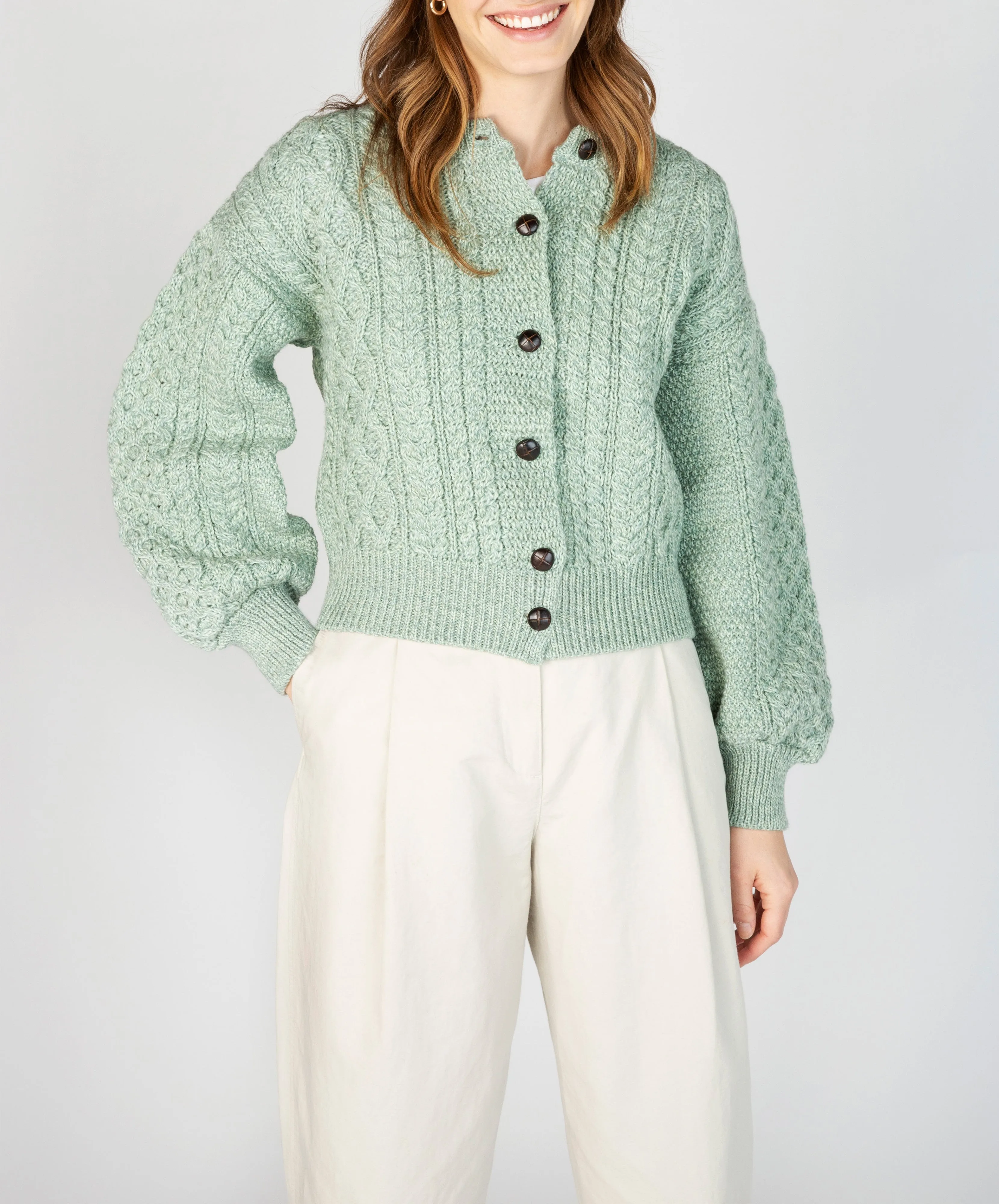 Clover Cropped Aran Cardigan Sage Marl