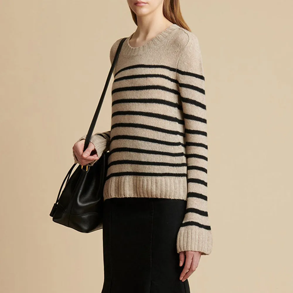 Contrast Breton Stripe Crew Neck Long Sleeve Cotton Blend Pullover Sweater