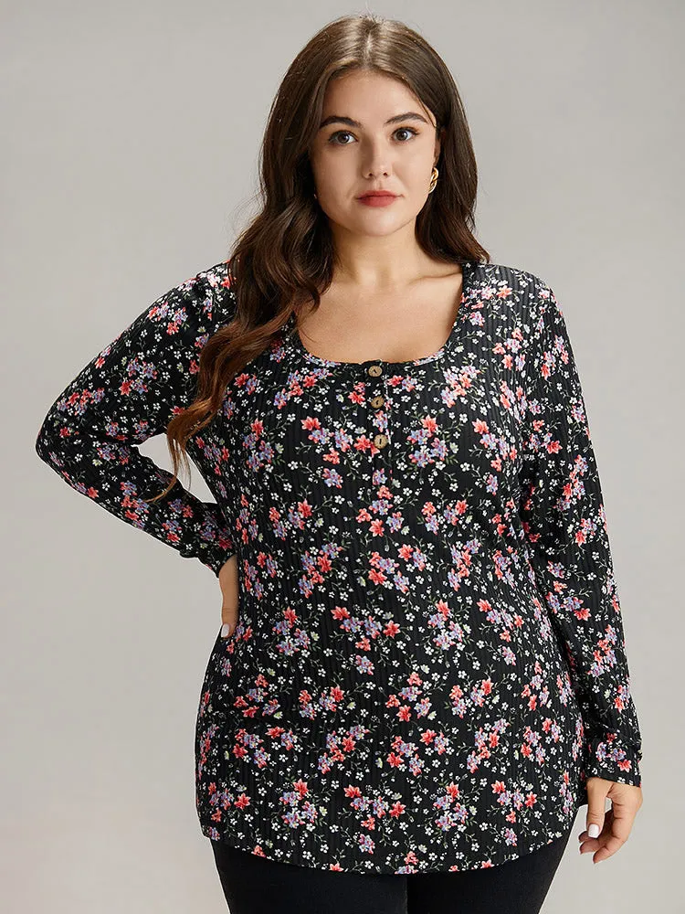 Ditsy Floral Square Neck Button Up T-shirt