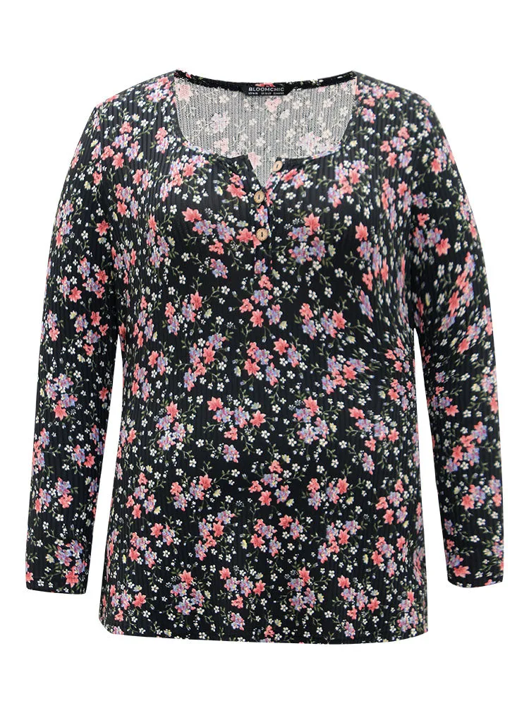 Ditsy Floral Square Neck Button Up T-shirt