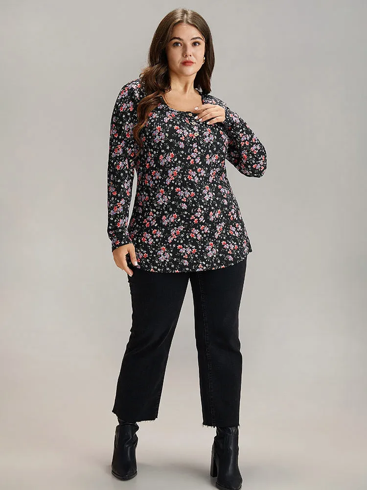 Ditsy Floral Square Neck Button Up T-shirt