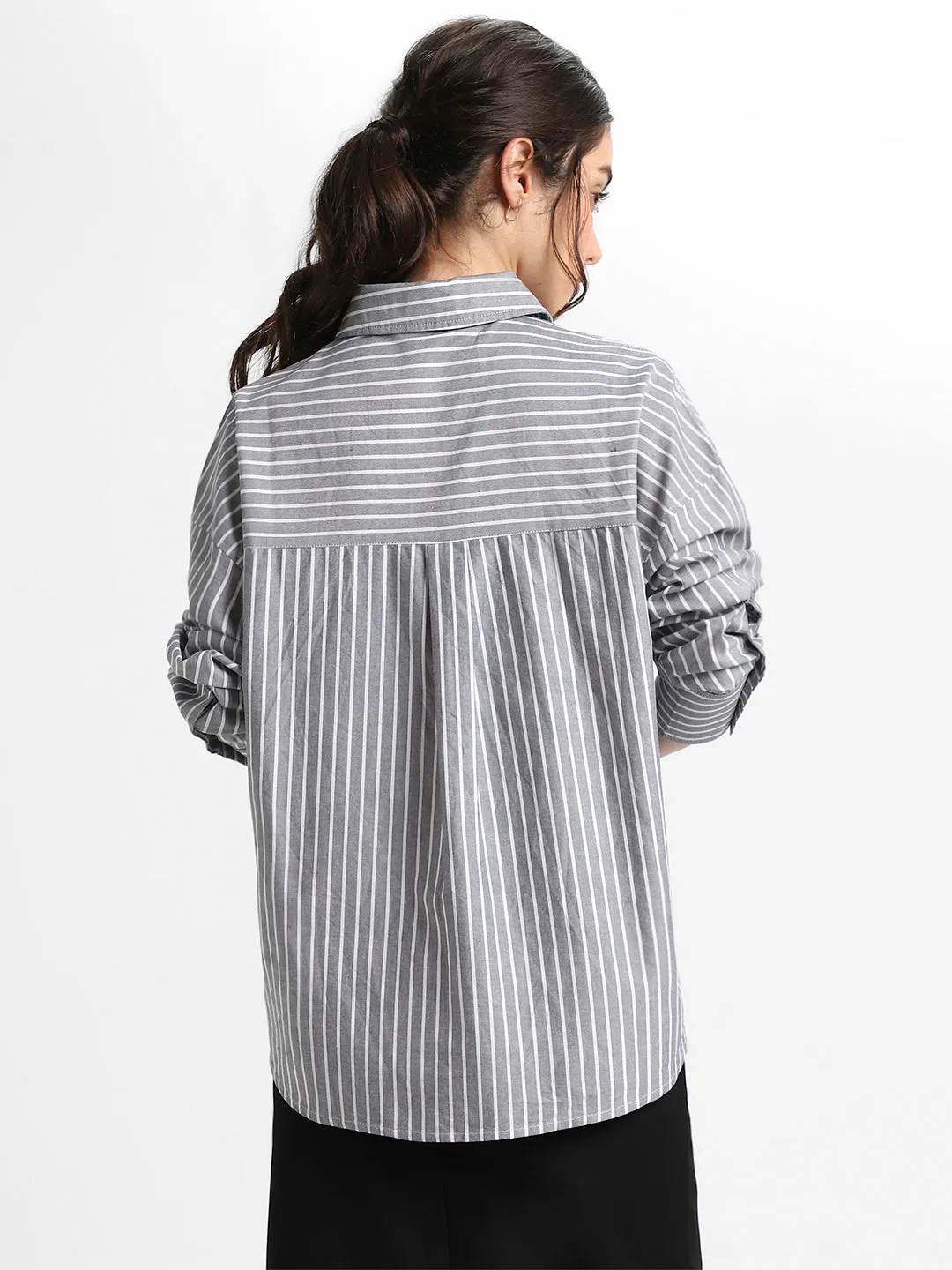 DL Woman Shirt Collar Relaxed Fit Striped Black Shirt