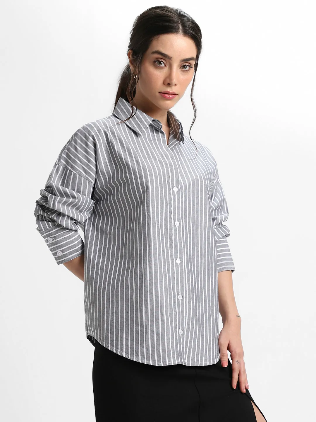 DL Woman Shirt Collar Relaxed Fit Striped Black Shirt