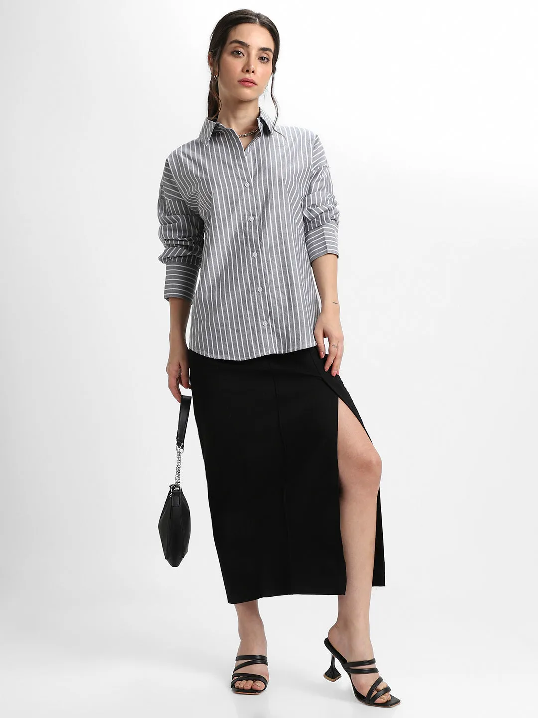 DL Woman Shirt Collar Relaxed Fit Striped Black Shirt