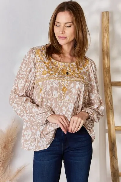 Embroidered Printed Balloon Sleeve Blouse