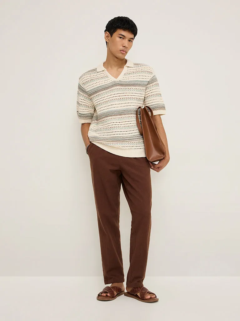 ETA Taupe Knit-Textured Relaxed-Fit Polo T-Shirt