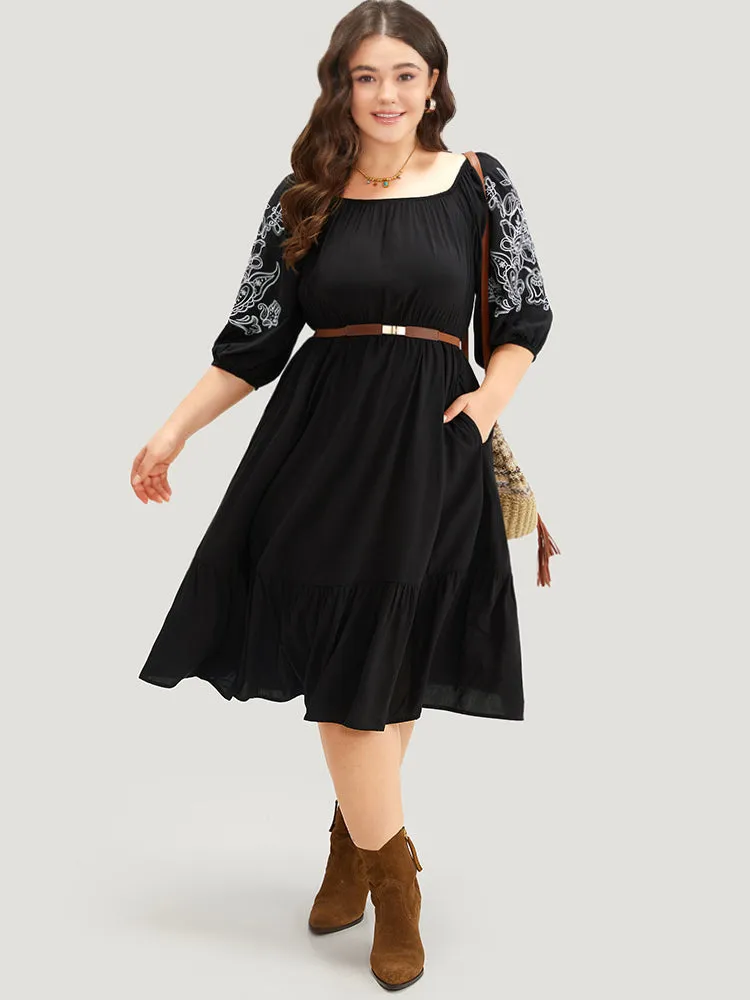 Floral Embroidered Pocket Square Neck Lantern Sleeve Dress