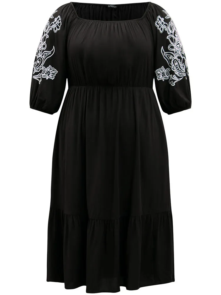 Floral Embroidered Pocket Square Neck Lantern Sleeve Dress