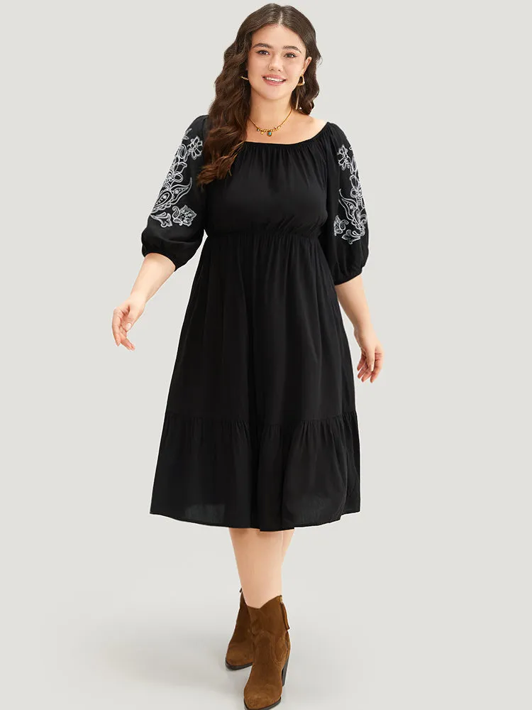 Floral Embroidered Pocket Square Neck Lantern Sleeve Dress