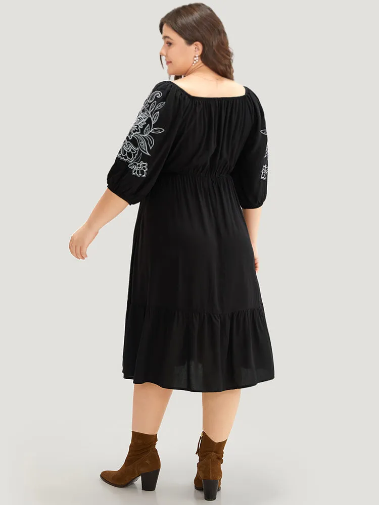 Floral Embroidered Pocket Square Neck Lantern Sleeve Dress