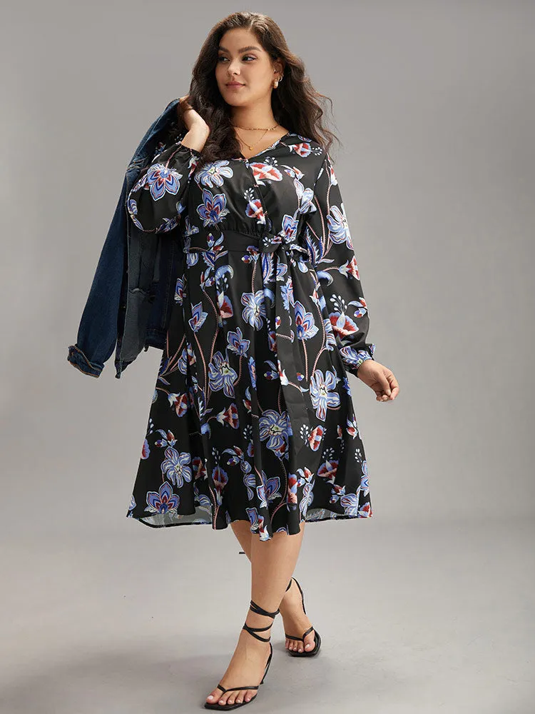 Floral Print Elastic Cuffs Belted Dress