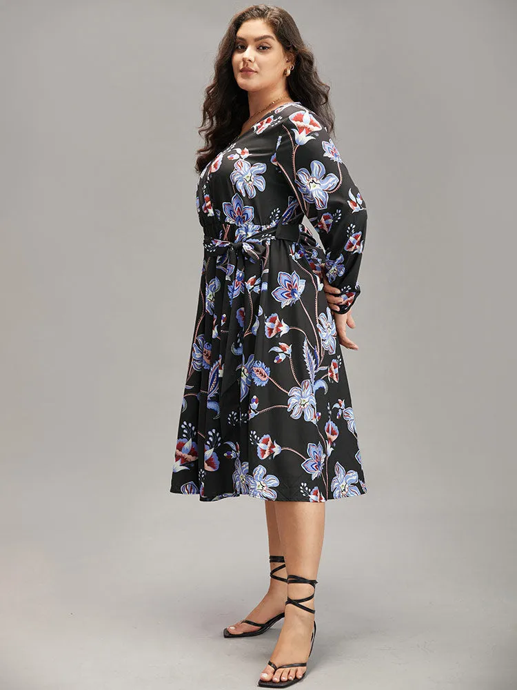 Floral Print Elastic Cuffs Belted Dress