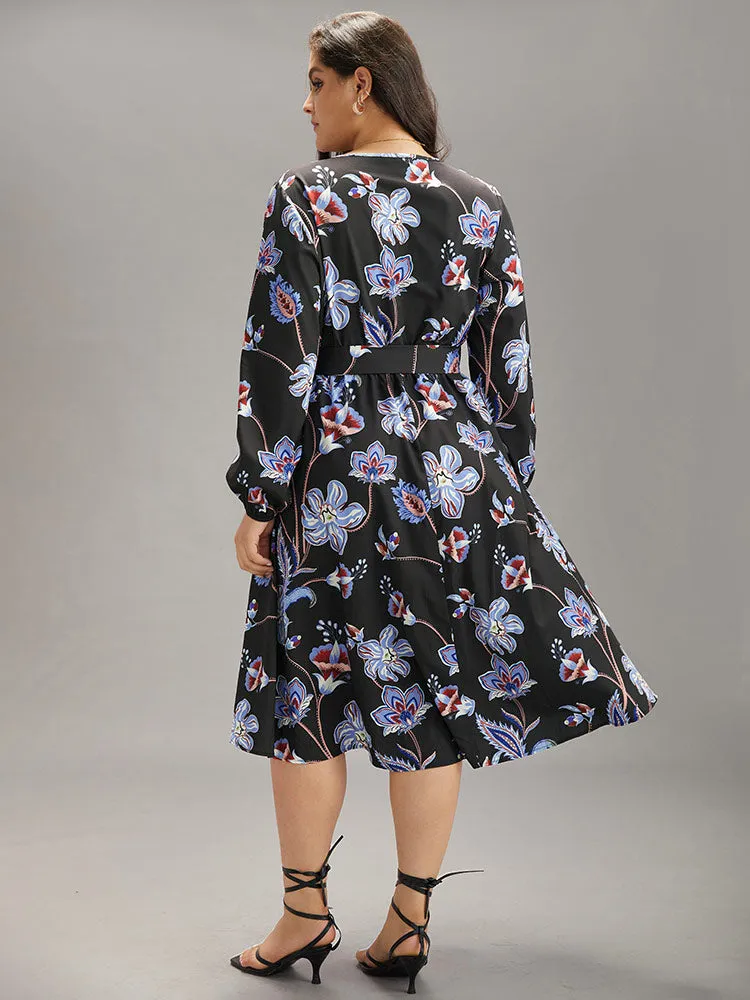 Floral Print Elastic Cuffs Belted Dress