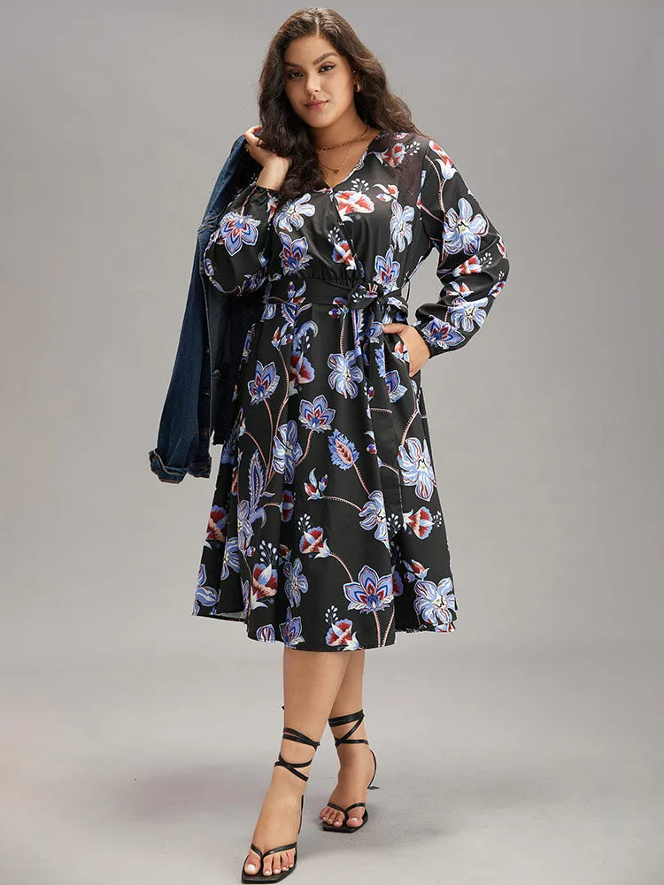 Floral Print Elastic Cuffs Belted Dress