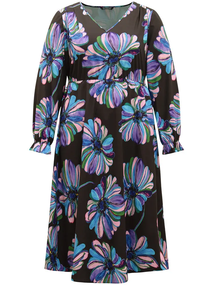 Floral Print Flutter Trim Dress