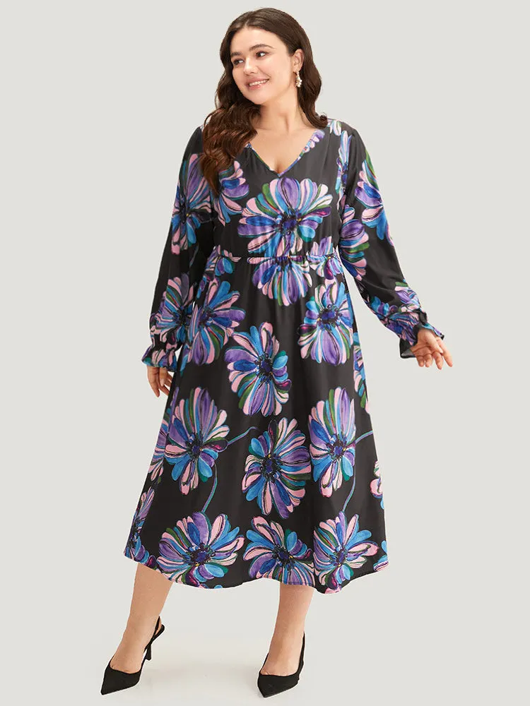 Floral Print Flutter Trim Dress