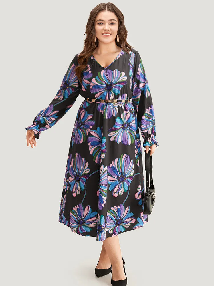 Floral Print Flutter Trim Dress