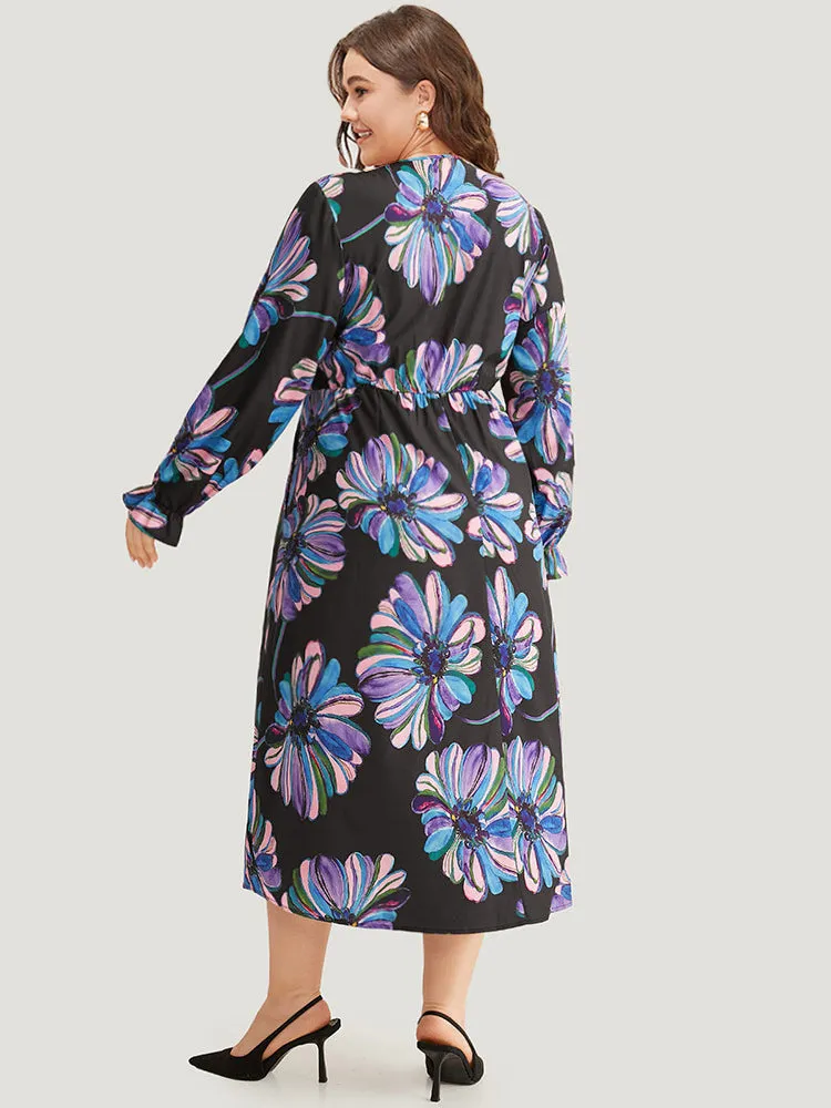 Floral Print Flutter Trim Dress