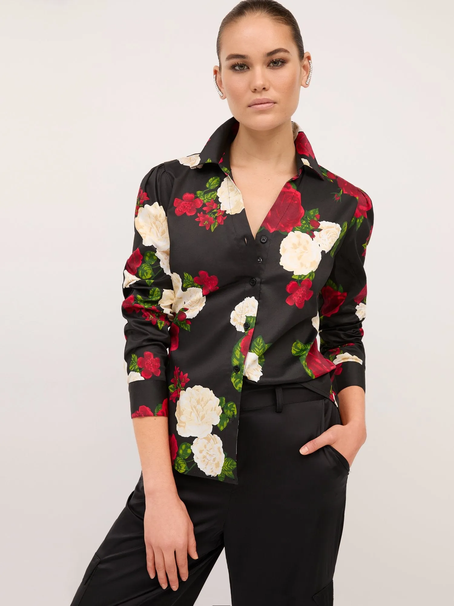 Floral Puff-Sleeve Button-Front Secret Snap - NY&C Madison Shirt®