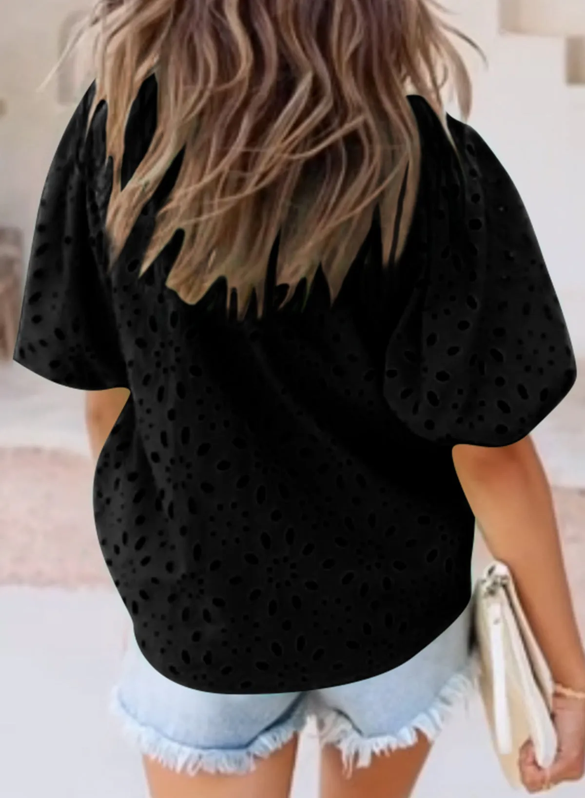 Flower Embroidered Hollow-out Puff Sleeve Blouse