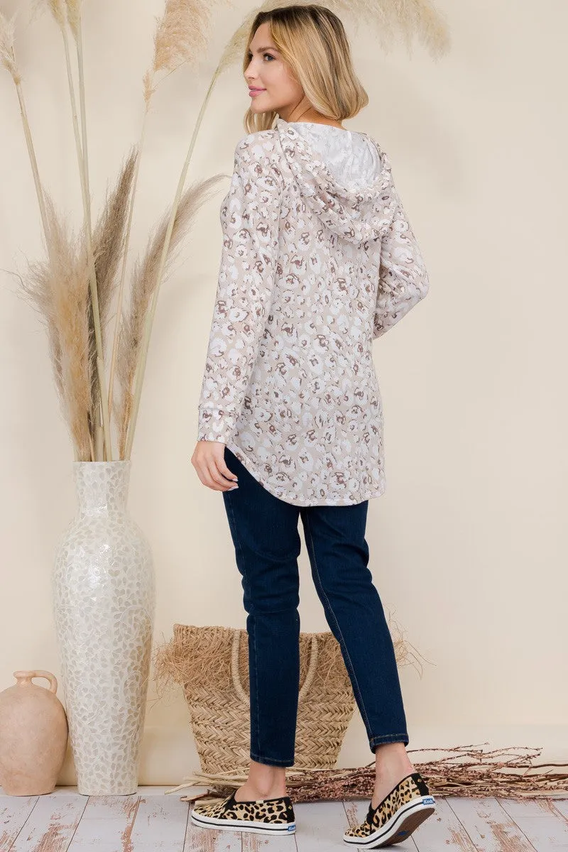 Full Size Drawstring Leopard Long Sleeve Hooded Blouse