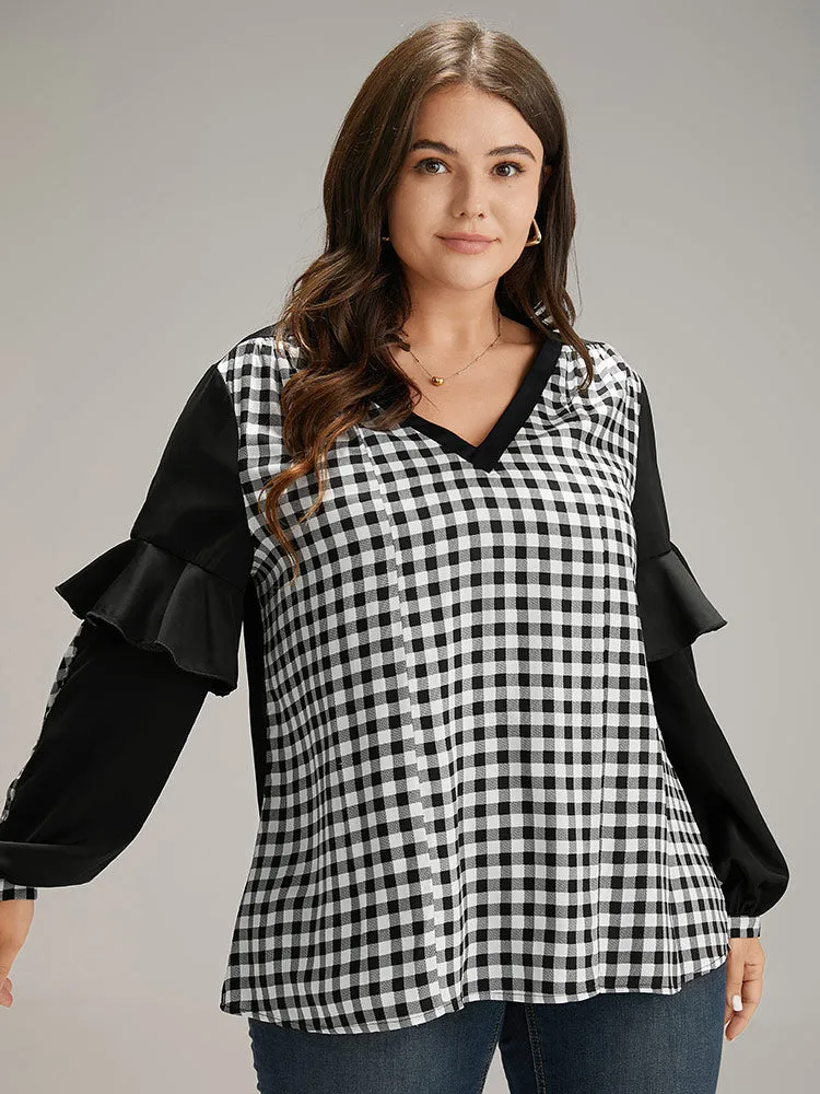 Gingham Patchwork Ruffle Trim Blouse