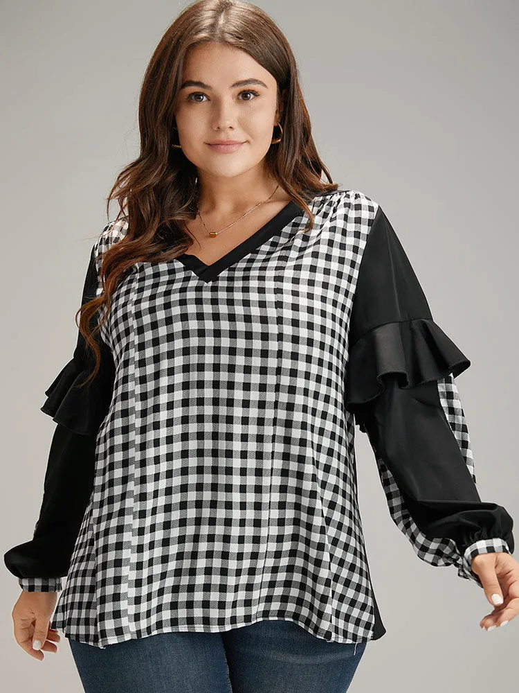 Gingham Patchwork Ruffle Trim Blouse