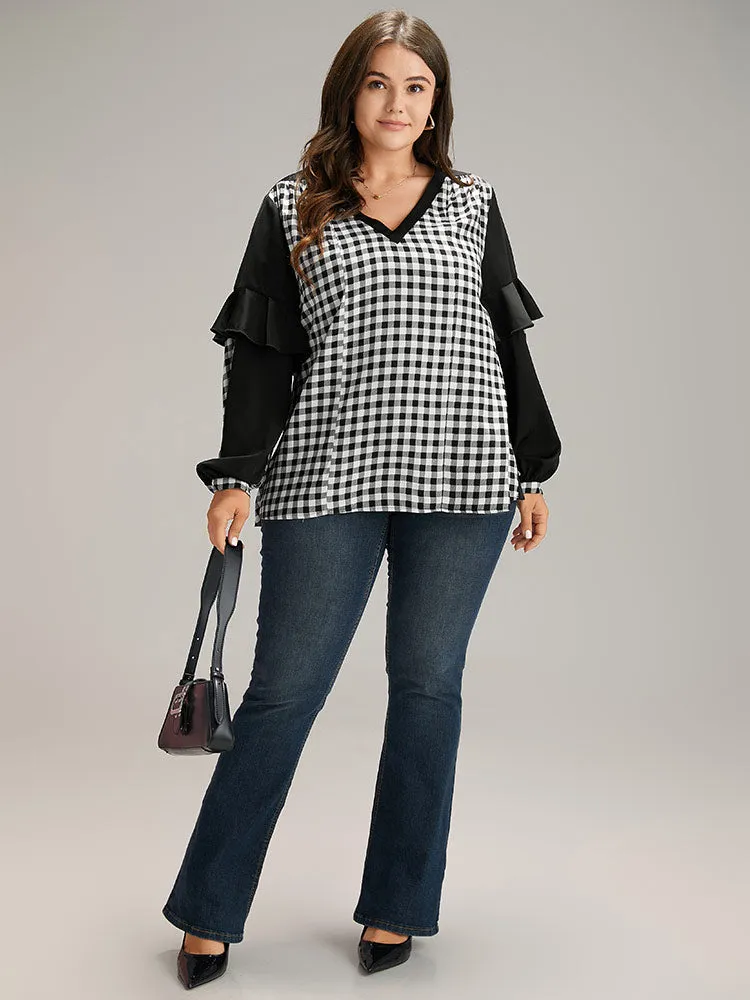 Gingham Patchwork Ruffle Trim Blouse