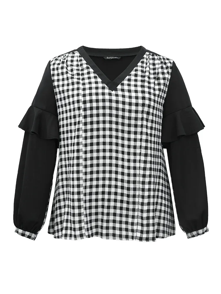 Gingham Patchwork Ruffle Trim Blouse