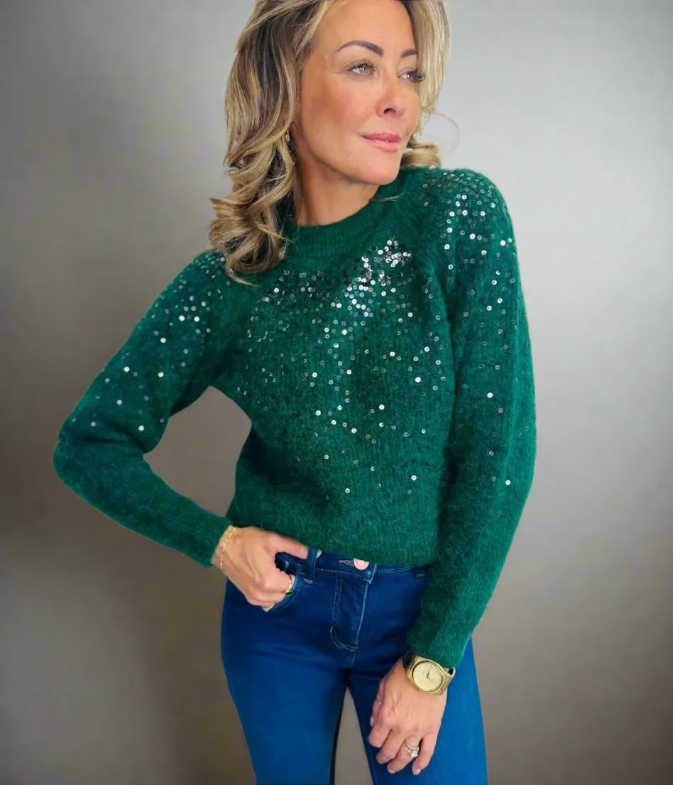 Green Sequin Crew Neck Jumper