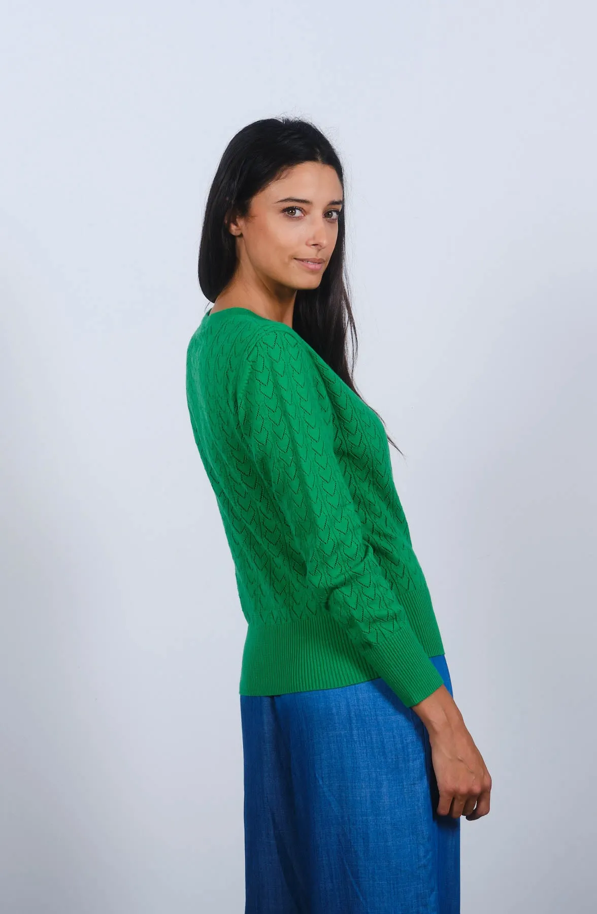 Heart Pointelle Cardigan in Green Bee