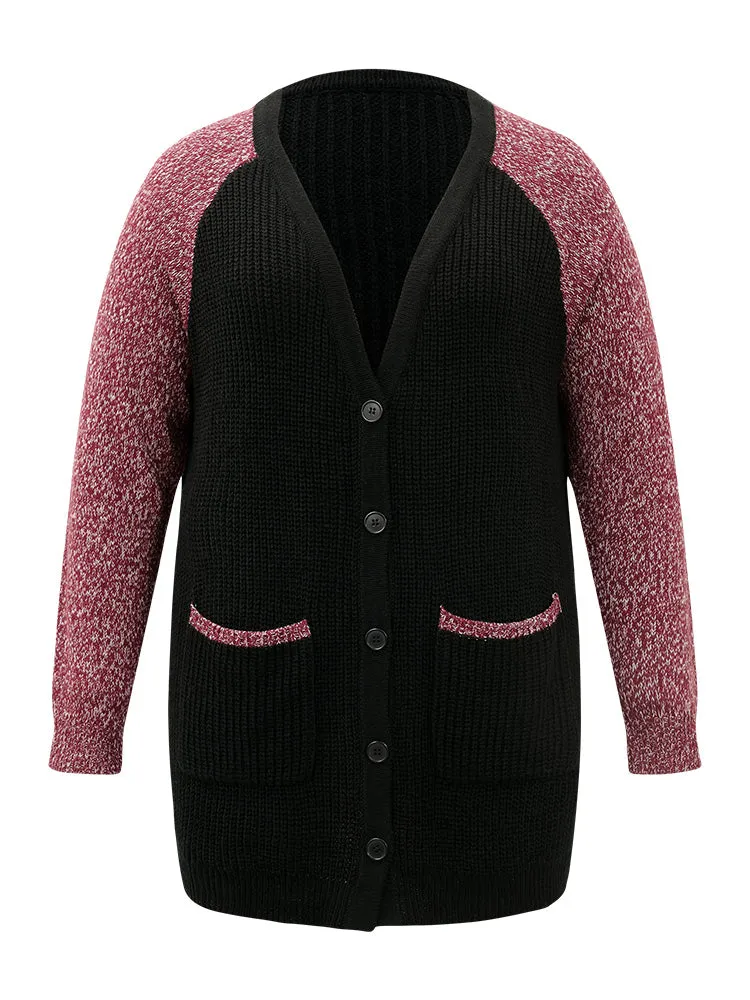 Heather Patchwork Raglan Sleeve Pocket Cardigan